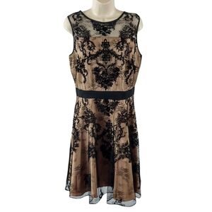 Gabby Skye Black Flocked Lace Over Satin Gold Midi Dress